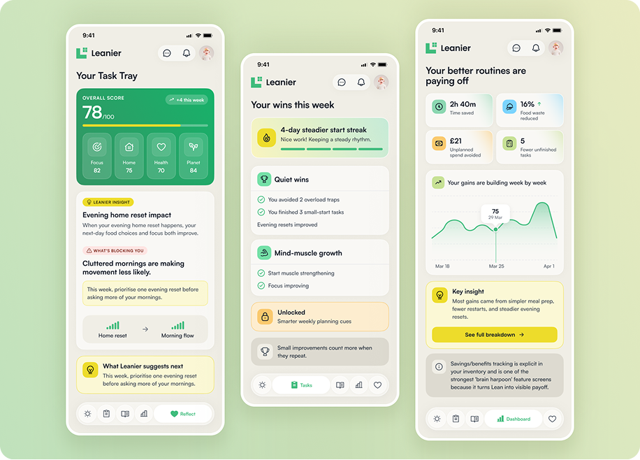 Leanier mobile app screens, third set